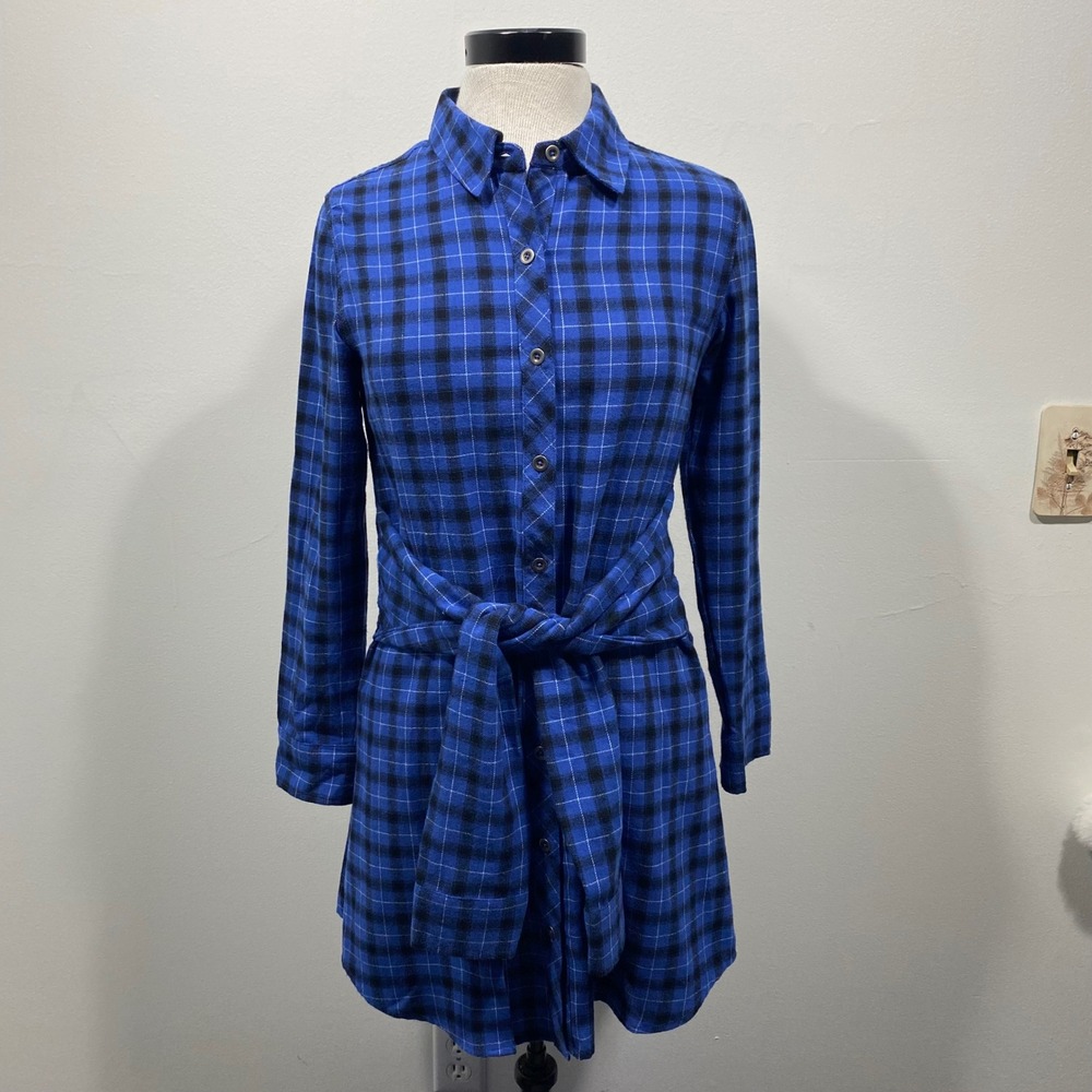 NWT STEVE‎ MADDEN Blue Black Plaid Shirt Dress Tie Waist XS